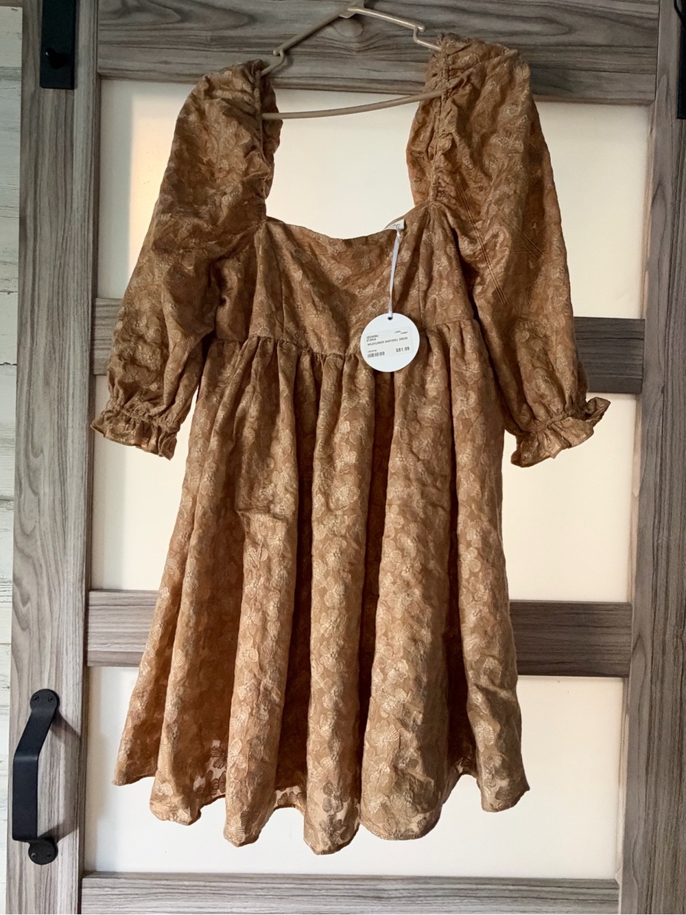 Storia Girls' Gold-Brown Lace Puff-Sleeve Dress
